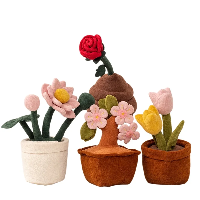 

PP Cotton Stuffed Flower Potted Plant Plushie Bonsai Lotus Peach blossom Tulip Rose Home Decor Girls Gift