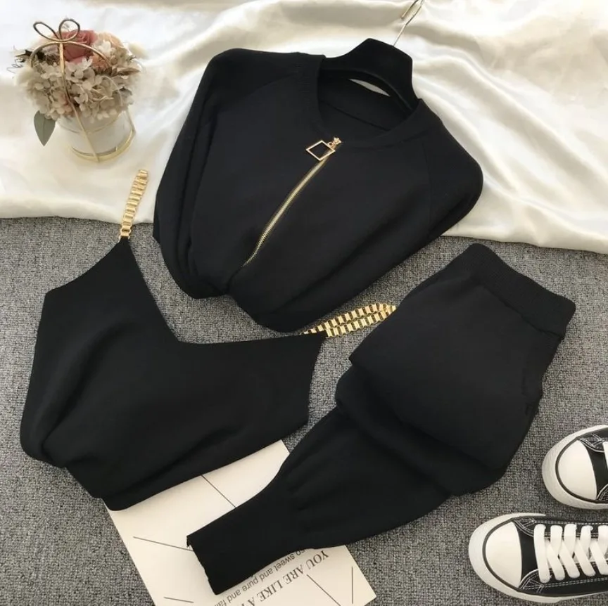 2024 Women Zipper Knitted Cardigans Sweaters + Pants Sets + Vest Woman Fashion Trousers 3 PCS Costumes Outfit