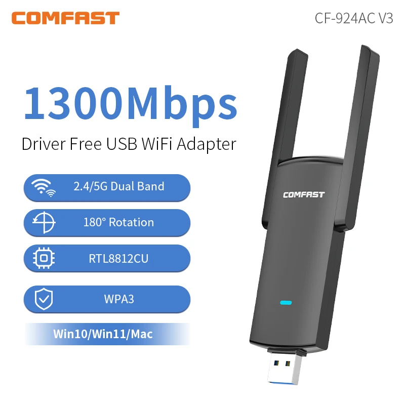 Adaptador Wifi De 1300Mbps, Tarjeta De red Ethernet De 5Ghz, USB, RTL8812CU, red Wifi Para PC Dongle 5G, antena De 2x2DBI