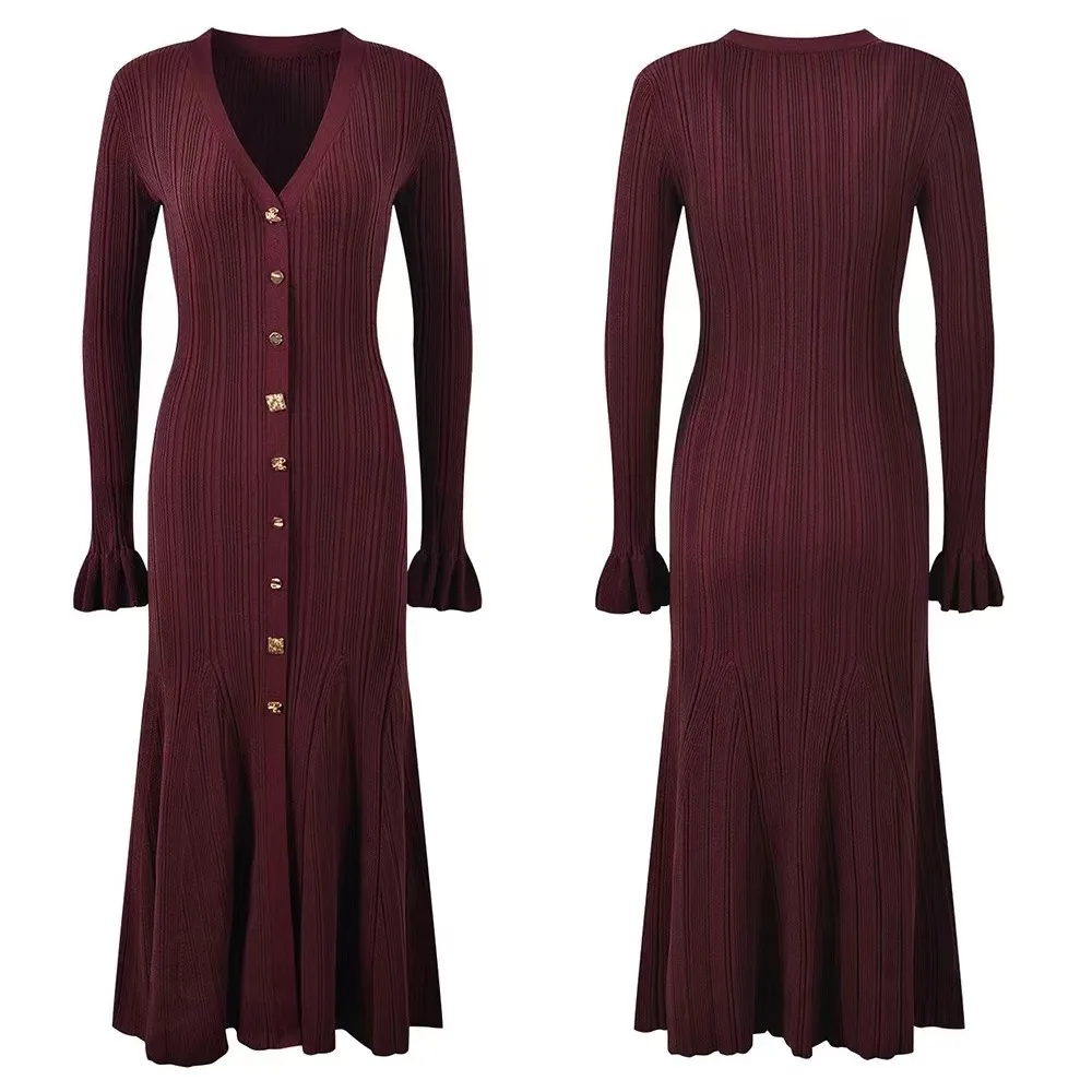 

Spring 2026 New Style Women's Fashion Slim Fit V-Neck Midi Dress Elegant Long Sleeve Knitted Dress Pure Color Metal Buckle Dress