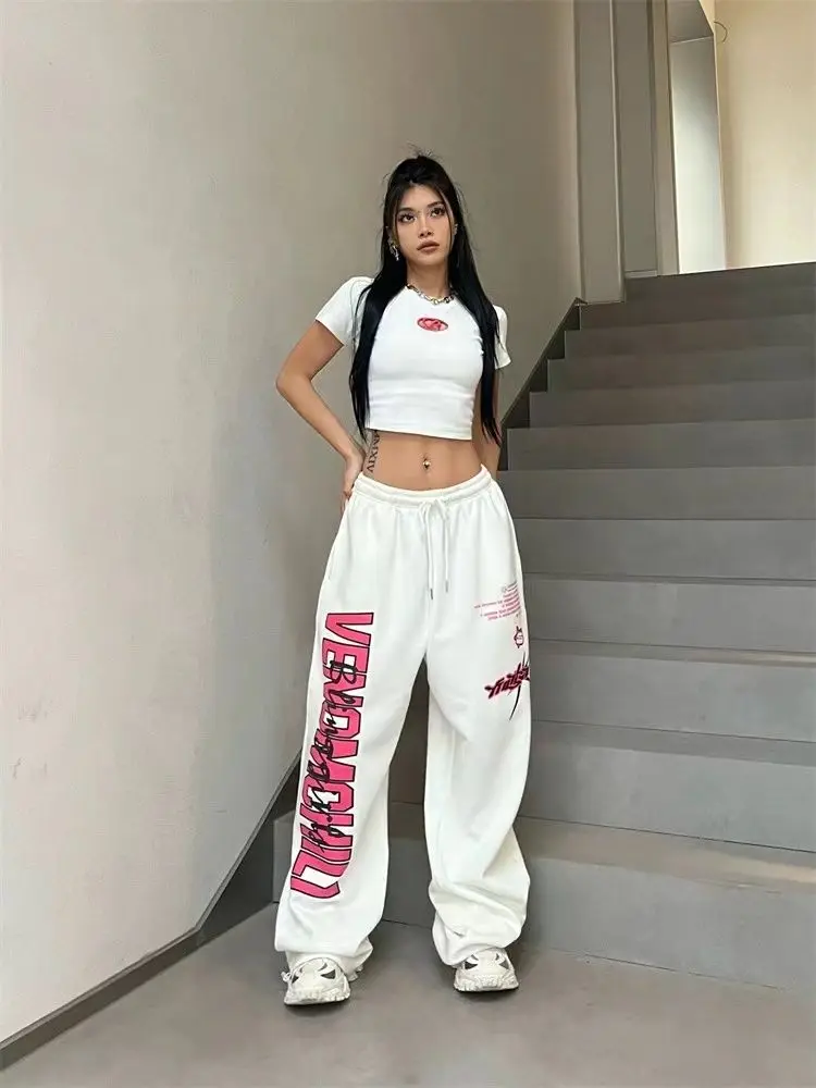 

New Y2K Streetwear White Track Pants Women Harajuku Hippie Wide Leg Sweatpants Oversize Quick Dry Printed Joggers Trousers