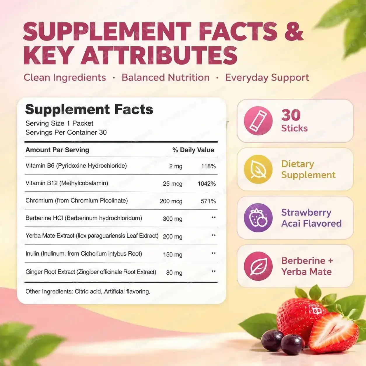 Berberine HCl Drink Powder for Metabolism Support & Gut Balance with Yerba Mate Chromium Ginger Inulin Vitamin B6 B12 30 Sticks
