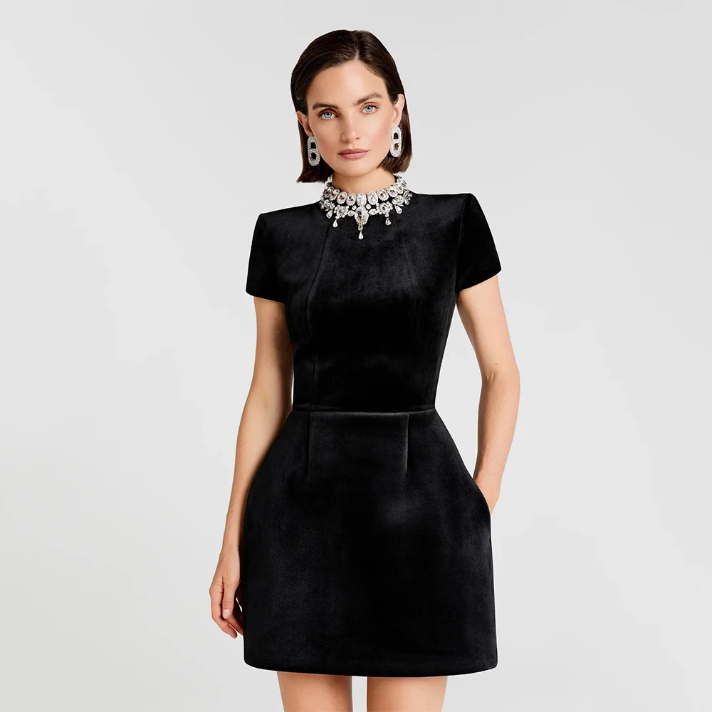 

Customized Women's Party Dresses Mini Crystal High Neck Short Sleeves Evening Party Gowns Black Pockets Column Cocktail Dresses
