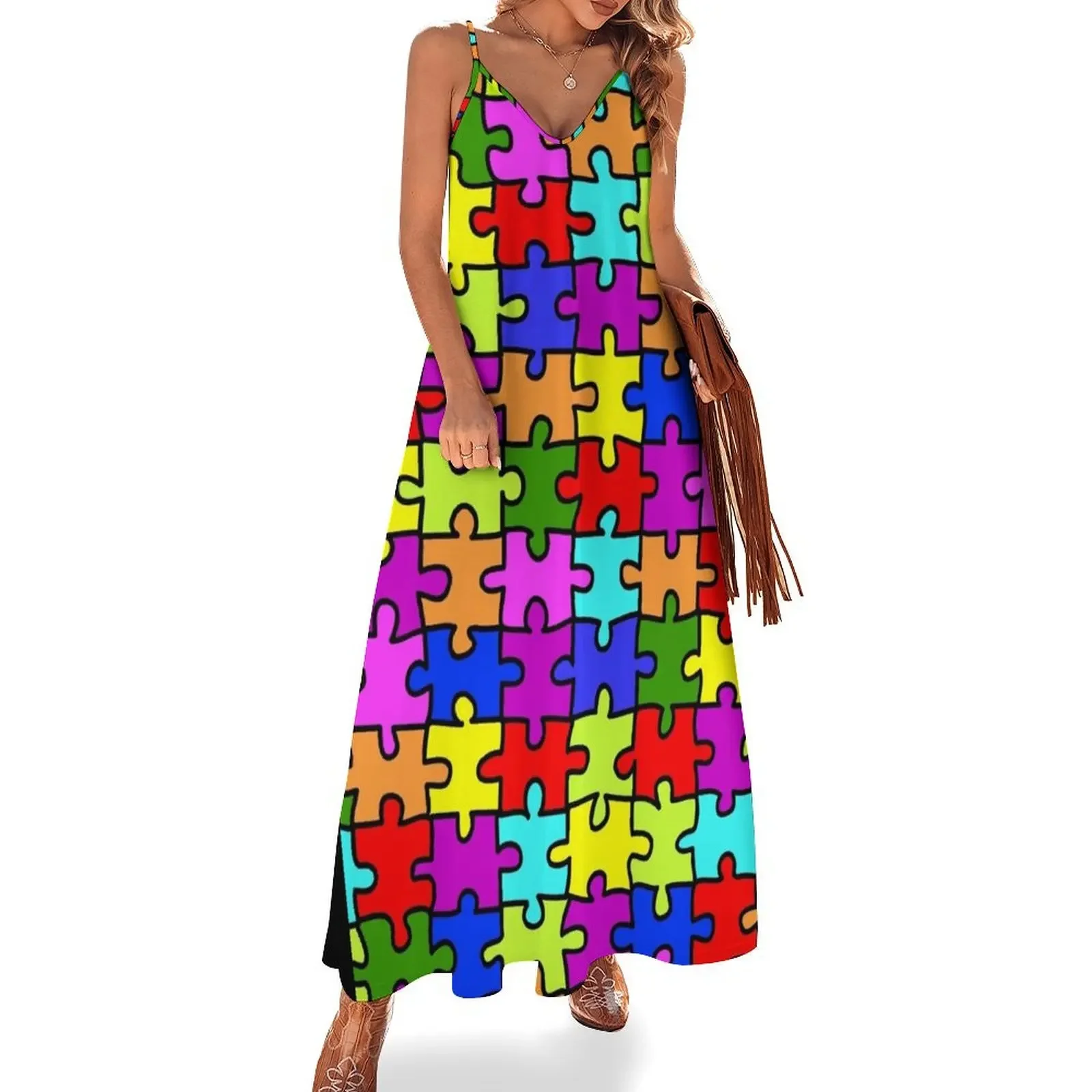 

Colorful rainbow jigsaw puzzle pattern- autism awareness Sleeveless Dress dress dresses prom clothes purple dress