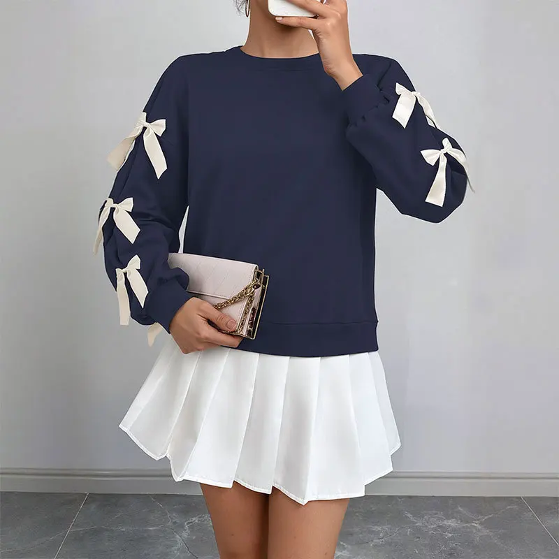 

Autumn Winter Casual Pullover Sweatshirt Round Neck Bow Decor Womens Long Sleeve Top