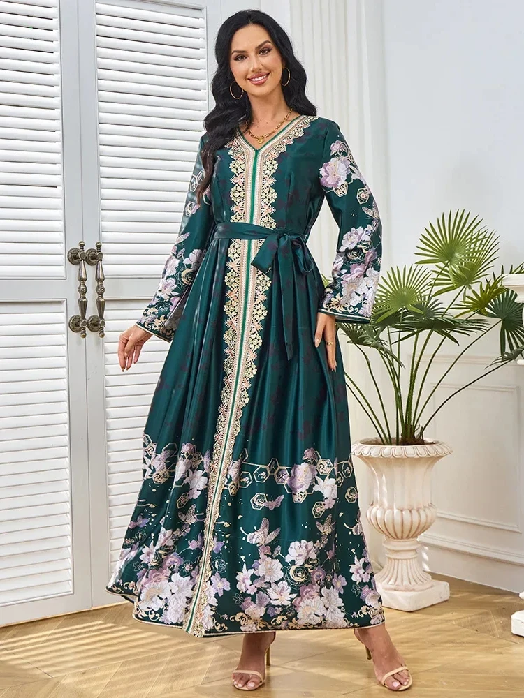 Abaya Kaftan Flower Print Dress Muslim Party Vestidos Sashes Jalabiya Eid Ramadan Morocco Dubai Abayas Islam Arab Long Robe