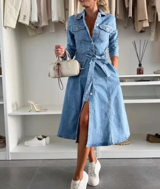 Women's Long Sleeved Denim Shirt Dress Washed Jacket Casual Autumn Winter Outerwear Fashion 2025 New
