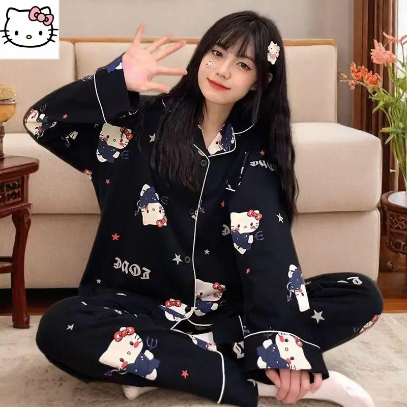 

Sanrios Cartoon Pajamas Hello Kittys Cute Long Sleeves Trousers Suits Home Clothes Fashion Casual Comfortable Sweet Loose Print