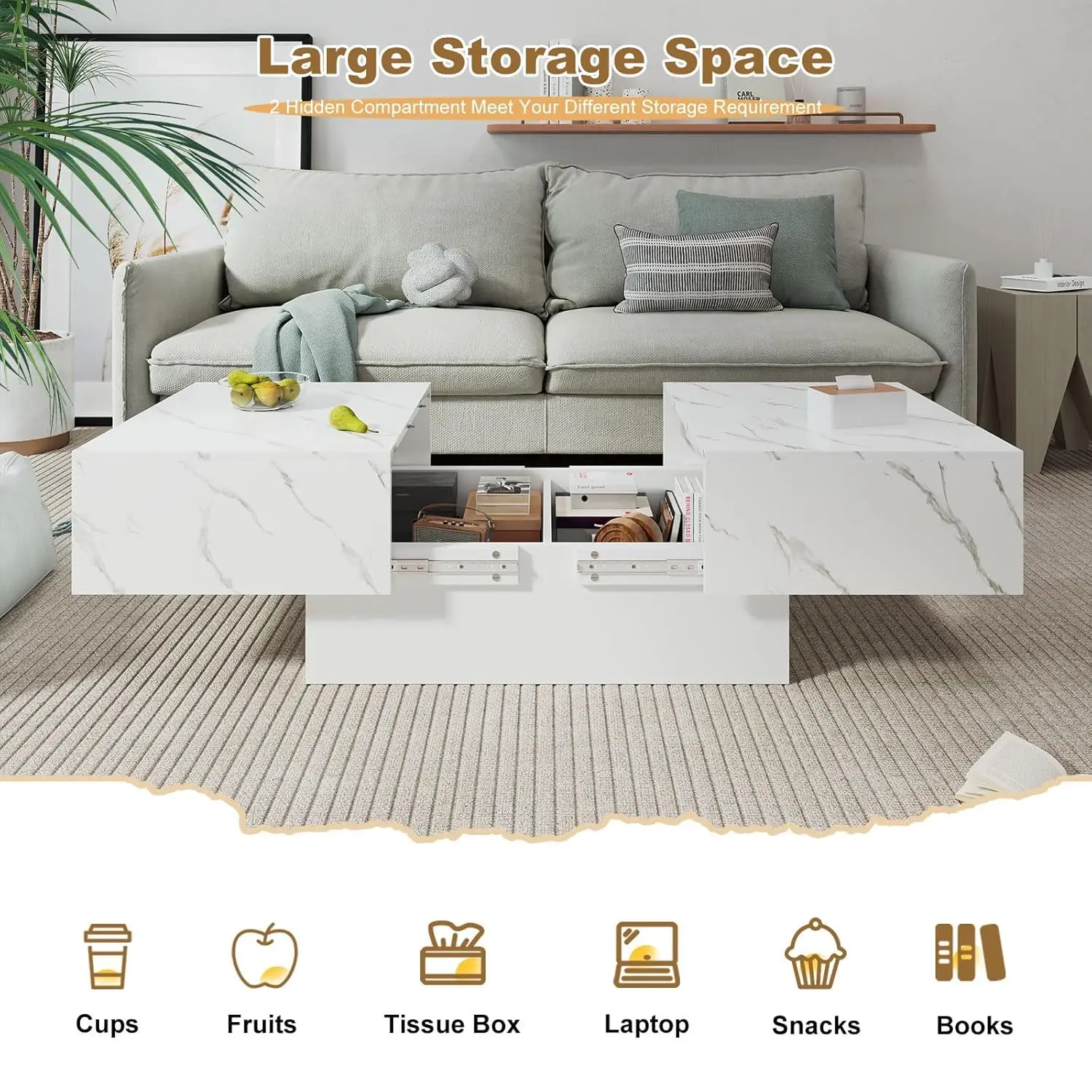 طاولة قهوة من الرخام الأبيض مع مساحة تخزين كبيرة، طاولة مركزية للمزرعة لغرفة المعيشة Mesas De Centro para Salas Modernas Nesting