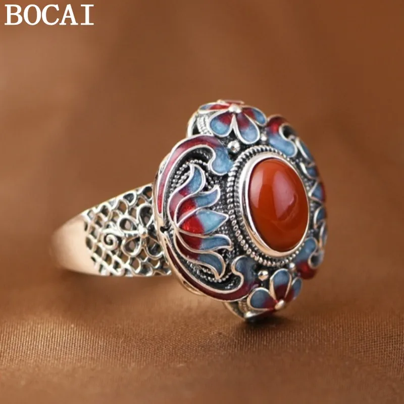BOCAI S925 Sterling Silver Rings for Women New Women's Fashion Enamel Lotus Flowers Southred Agate Argentum Jewelry Wholesale