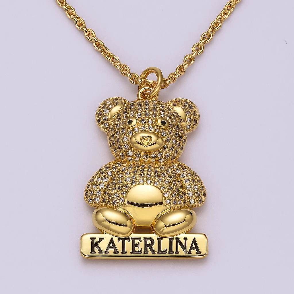 

Cute 3D Teddy Bear Personalized Name Necklace for Kids - Custom Engraved Copper Pendant Necklace Children Gift