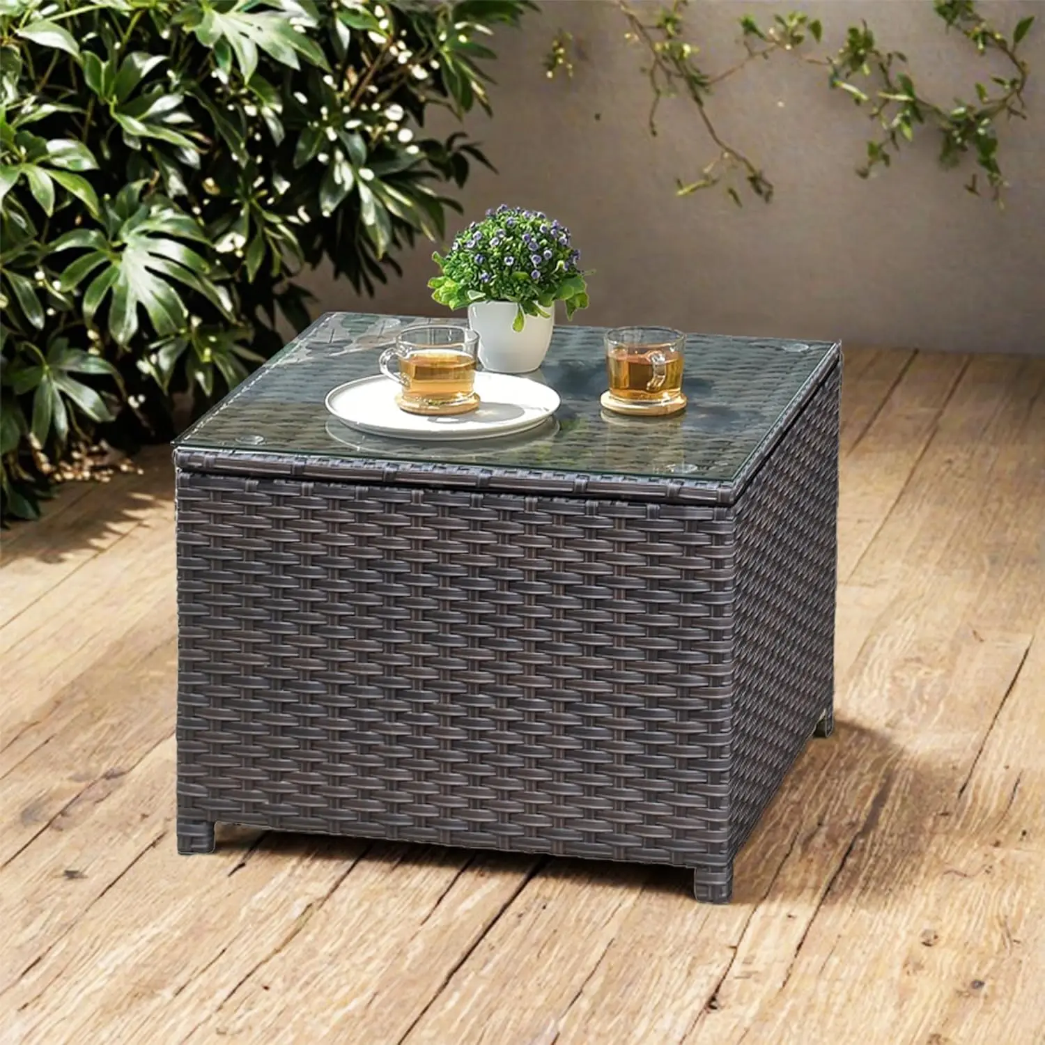 

Плетеный приставной/кофейный столик из ротанга с закаленным стеклом для патио, террасы, балкона, сада, зоны у бассейна, на заказ