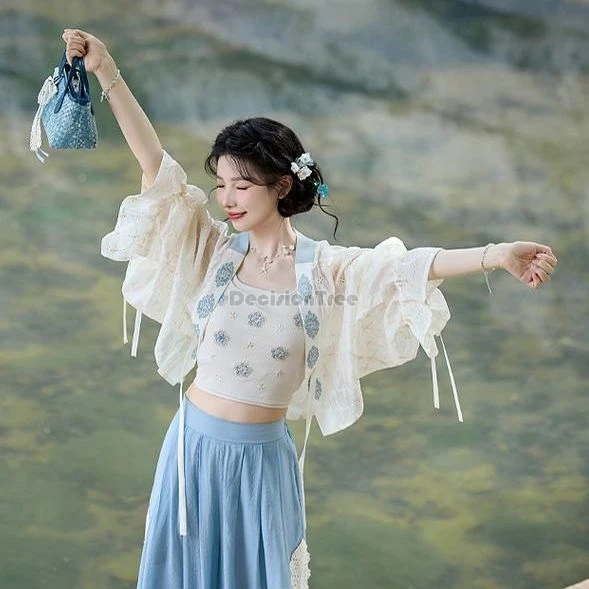 

2026 summer new chinese improved retro style casual embroidered daily modern hanfu short blouse and pants women printed hanfu