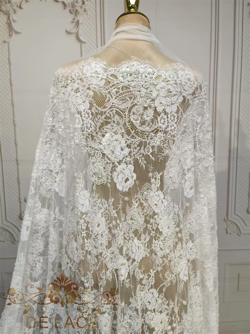 

Delicate Floral Embroidery Chntilly Lace With Beaded Eyelash Shining Sequins Lace Chantilly Wedding Dress Lace Fabric