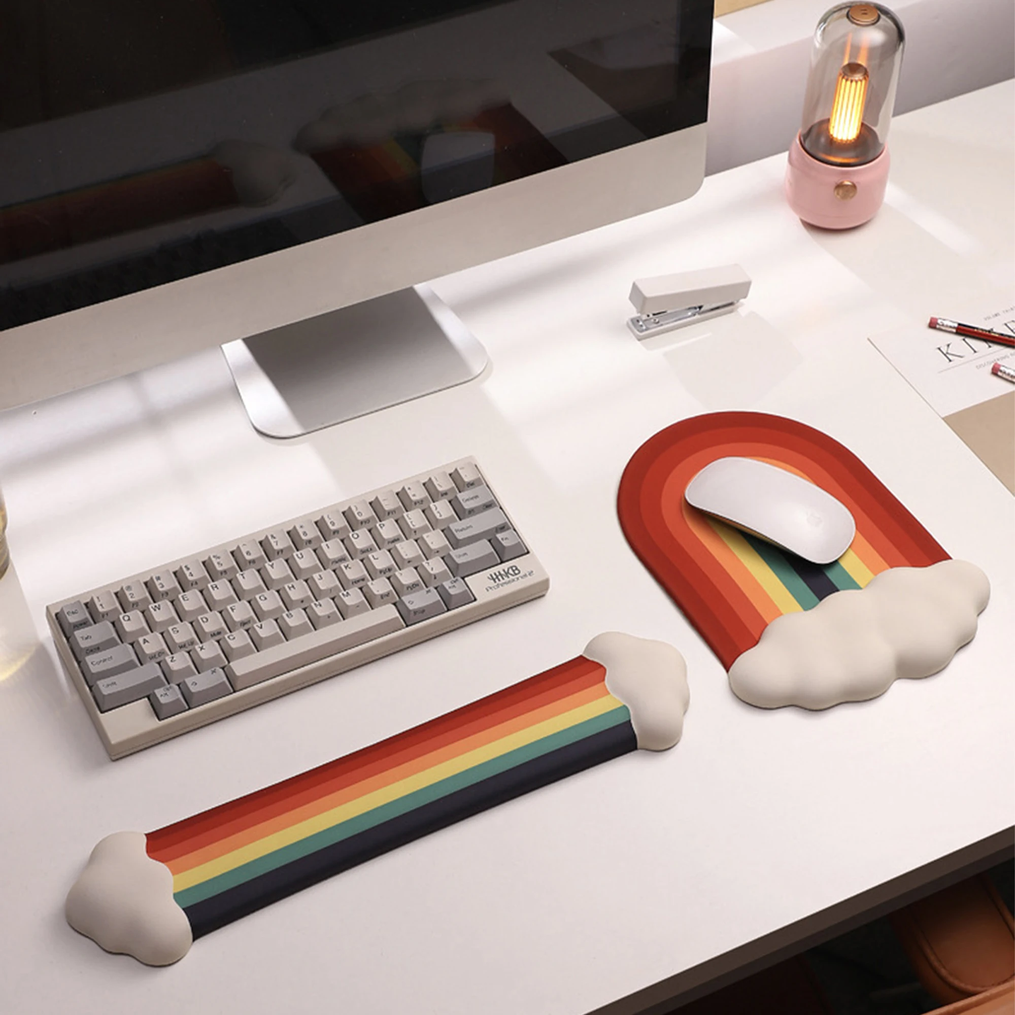 Cute Cloud Rainbow Cartoon Silicone Wrist Rest Mouse Pad Large Non-Slip Desk Mat Ergonomic Keyboard Pad for Office Home Gaming