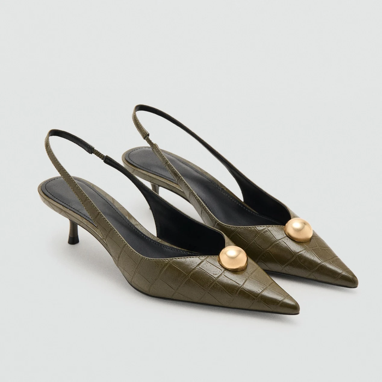 

Mango Olive Green Crocodile Pattern Pearl Buckle High Heels Sandals Pointed Toe Thin Heel Metal Buckle Decorative Retro Commu...