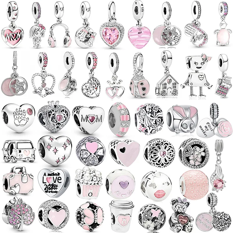 

New Pink Series Heart Charms Beads For Pandora Bracelets Keychain Necklace DIY Mother's Day Jewelry Gift For Mom