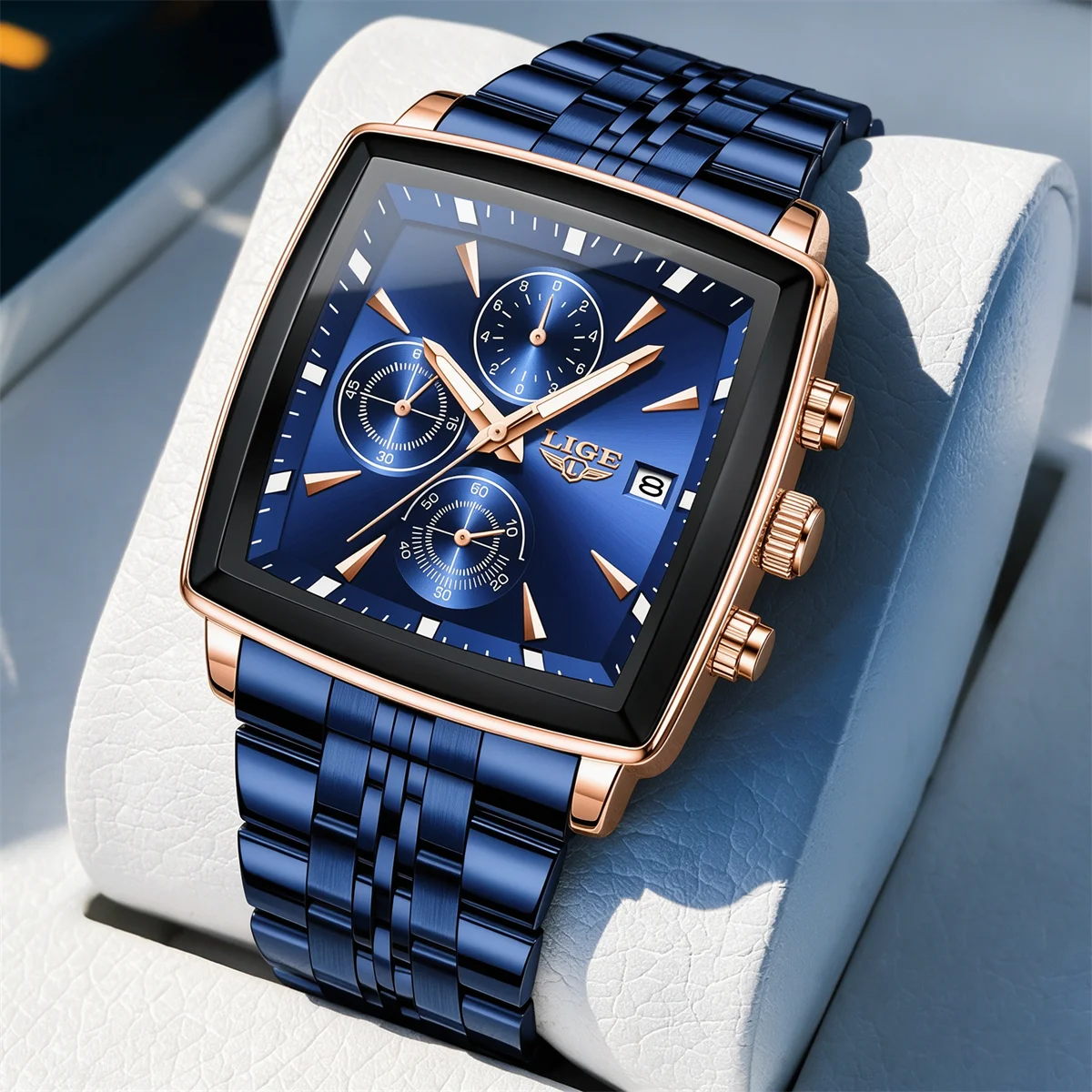 LIGE Luxury Square Dial Men Quartz Wristwatch Fashion Stainless Steel Man Business Watches With Calendar Reloj Hombre Box