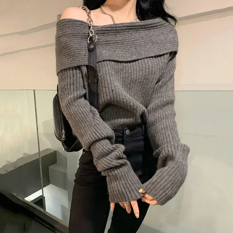 Lucyever Sweater rajut leher Slash, atasan jumper ramping tebal elegan Korea lengan panjang bahu terbuka seksi untuk wanita