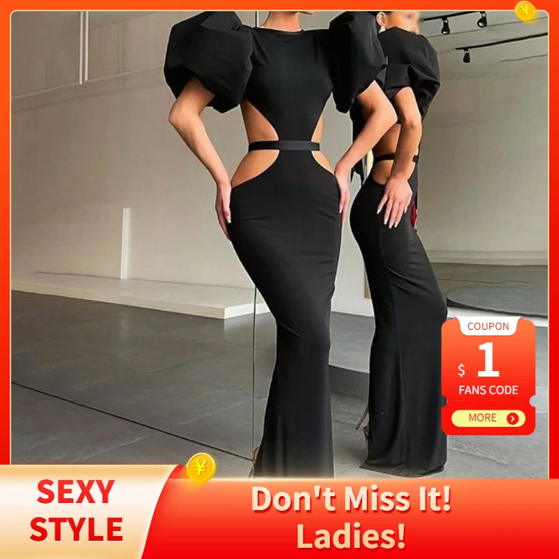 2022 Summer Women\'s Dress Fashion Cut Out Backless Evening Sexy Night Club Party Black Puff Sleeve Celebrity Long Formal Dress