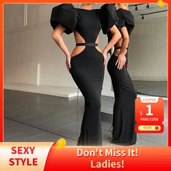 2022 Summer Women's Dress Fashion Cut Out Backless Evening Sexy Night Club Party Black Puff Sleeve Celebrity Long Formal Dress