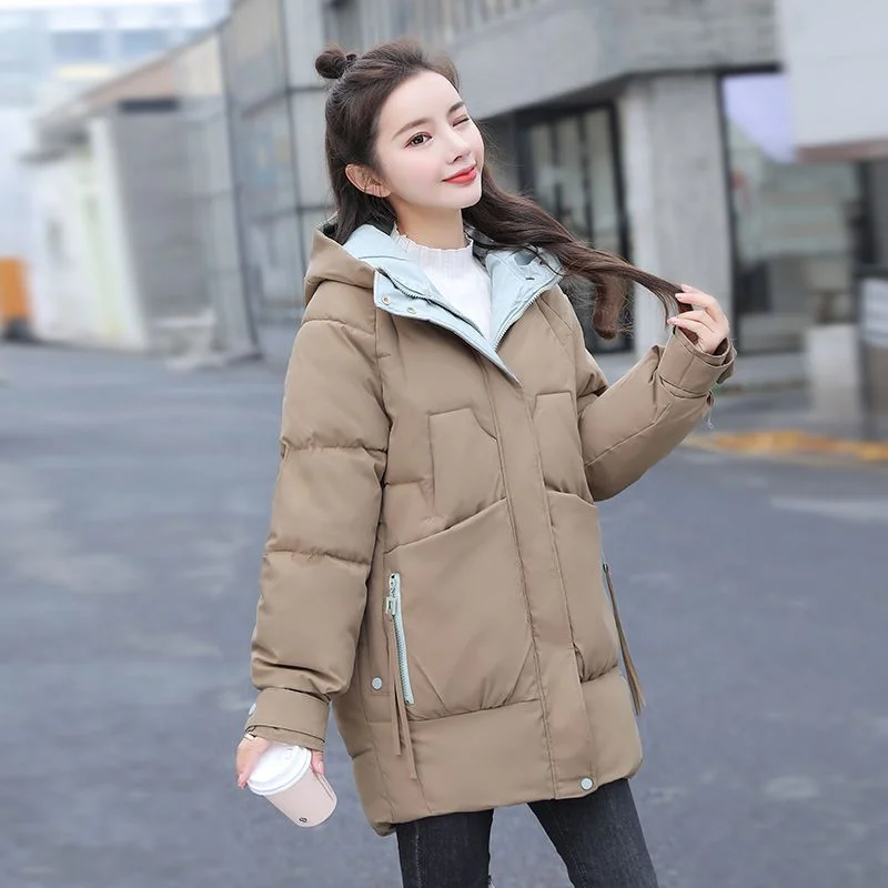 Winter 2023 Women's New Korean Cotton Jacket Loose Down Cotton Top Mid-length Hooded Jacket Thickened Cotton Coat