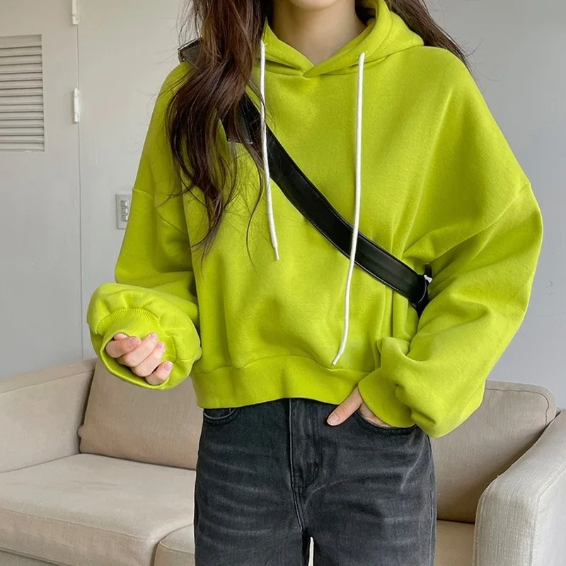 

DAYIFUN-Short Hooded Sweaters Women Long Sleeve Knitted Pullovers Korean INS Solid Fashion Casual Sweatshirts Spring Autumn 2023