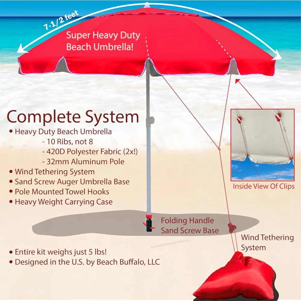 Complete Windproof Beach Umbrella System - 5 Pieces Includes: Heavy Duty 7-1/2' Beach Umbrella, Anti-Wind Tether,