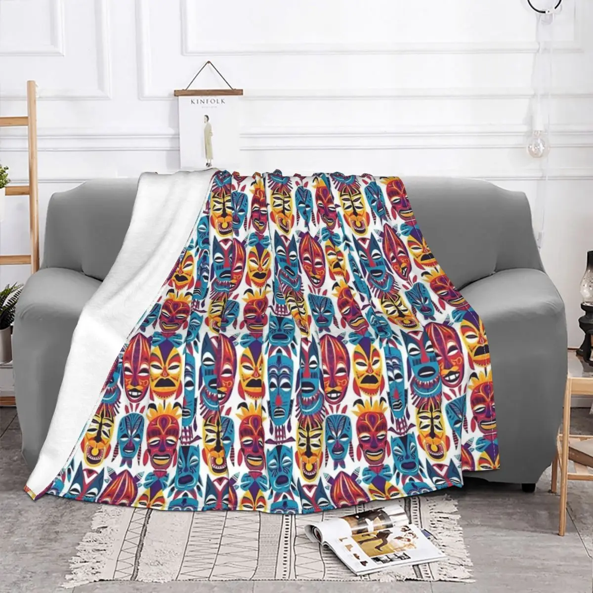 Funny Tiki Blanket Cover Flannel Hawaii Pattern Warm Throw Blanket for Outdoor Travel Bedroom Quilt