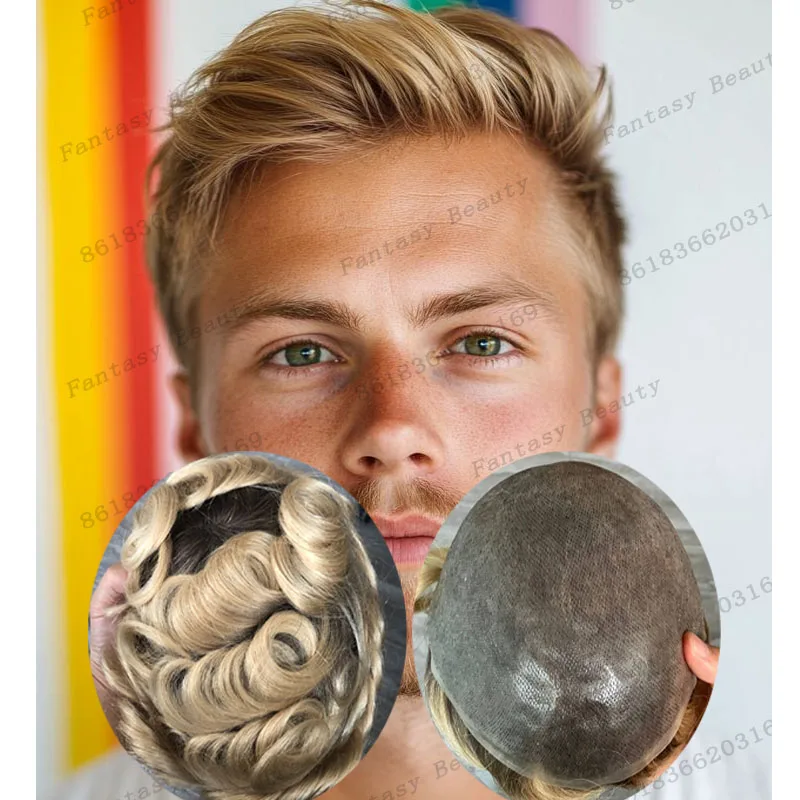 

Ombre Блондинка Европейская 30 мм Волна Мужские Парики Человеческих Волос Протез Капиллярные Супер Прочные Один Узлы Мираж Кожа База Мужской Парик