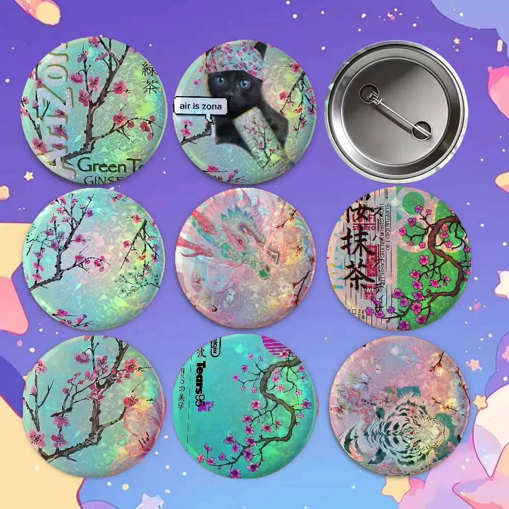 ArizonaES Iced Green Tea Anime Game Laser Double Flash Tinplate Badge Cartoon Character Pin Brooch Fan Collectible Cosplay Merch