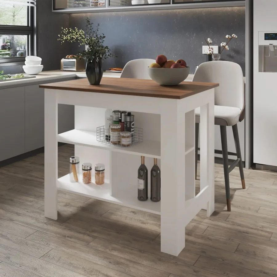 

Mahogany and white Kitchen Island with Open Storage
