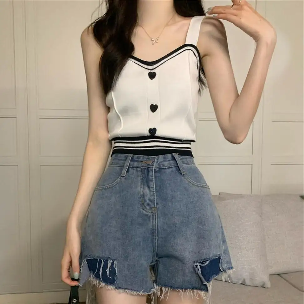 2023 Contrast Color Casual V Neck Knitted Sling Top Women Sexy Short Vest Summer Hottie Love Button Tanks Streetwear Camis