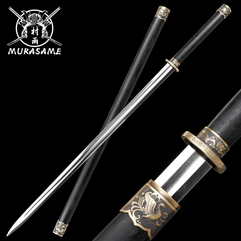 Chinese Tang Jian Sword, Manganese Steel, Training Catana, Real Brass Carved Fittings, Ebony Wood Scabbard, Decorative Katana