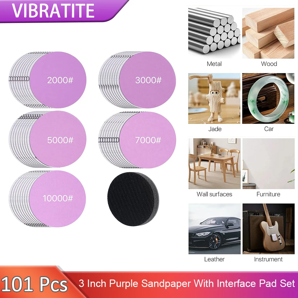 

3 Inch Purple Sanding Discs Set 2000/3000/5000/7000/10000 Grit 100PCS Hook&Loop Sandpaper with Buffer Pad for Fine Polishing