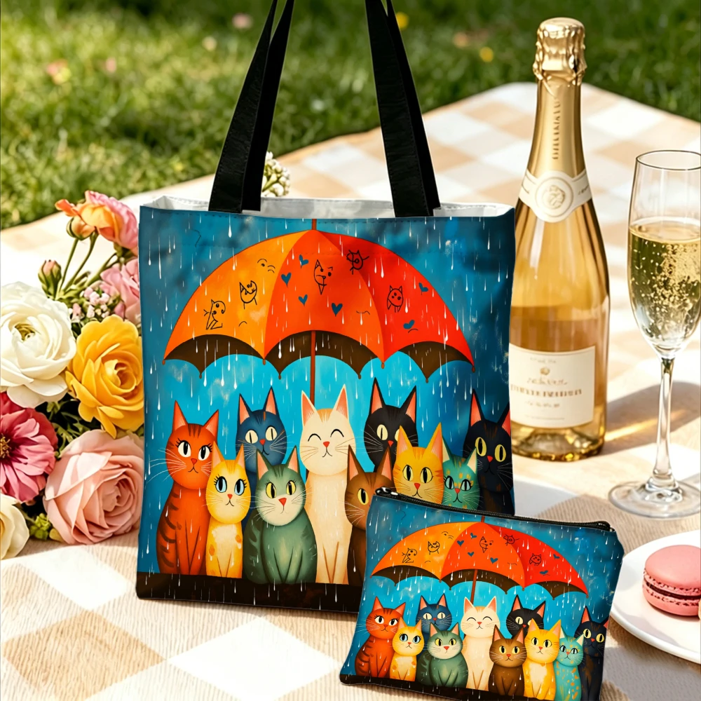 Cat Print Handbag Blue Umbrella And Cats Tote Bags And Makeup Bag Combination For Girls Everyday Use Cosmetic Portable Pouch