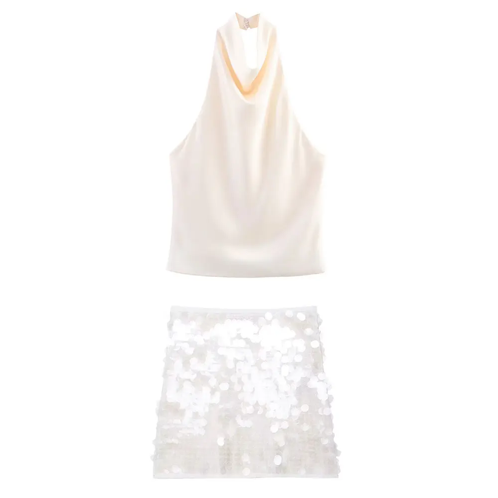 HH femmes paillettes jupes costumes taille haute mince Mini jupe épaules nues haut à licou été Sexy dame Club soirée 2 pièces ensemble