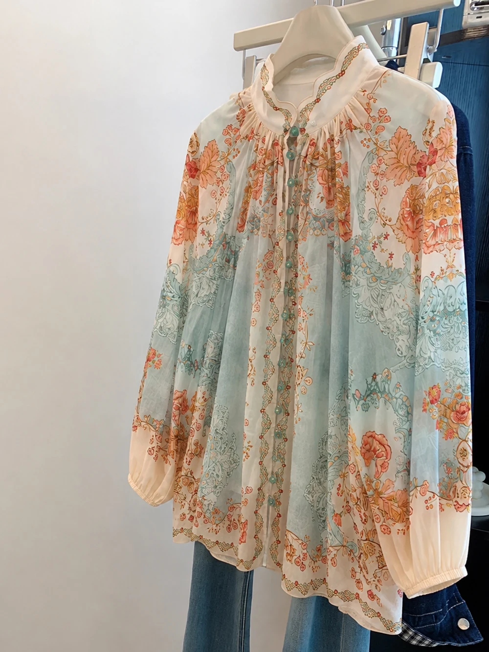 Loose Long Sleeve Floral Opaque Shirt Men's Early Autumn Vintage Court Style Stand Collar Lightweight Sun Protection Shirt