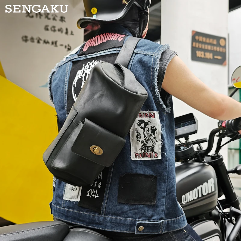

Genuine Leather Cylindrical Crossbody Messenger Shoulder Bags Crazy Horse Leather Travel Hiking Daypack Chest Shoulder Pack Men