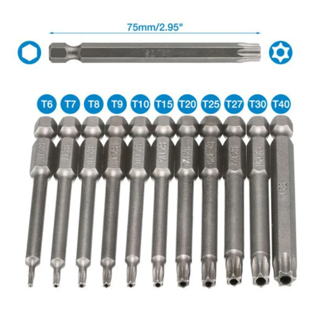 Destornillador Torx de cabeza magnética, destornillador hexagonal de 1/4 pulgadas, herramienta de mano de estrella a prueba de manipulaciones, 75mm,