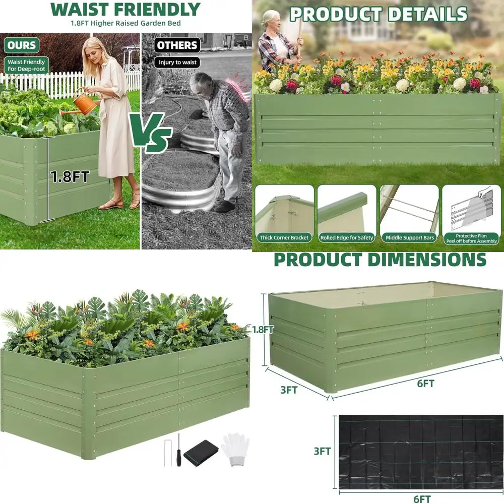 

Металлическая садовая грядка 6x3x1.8 футов с тканью для защиты от сорняков - идеально подходит для растений с глубокими корнями, овощей и трав (оливково-зеленый)
