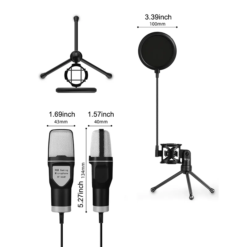 Gaming USB Microphone for PC Condenser Mic with RGB Indicator Tripod Stand Gain Control for Recording Live Podcast Computer Mic
