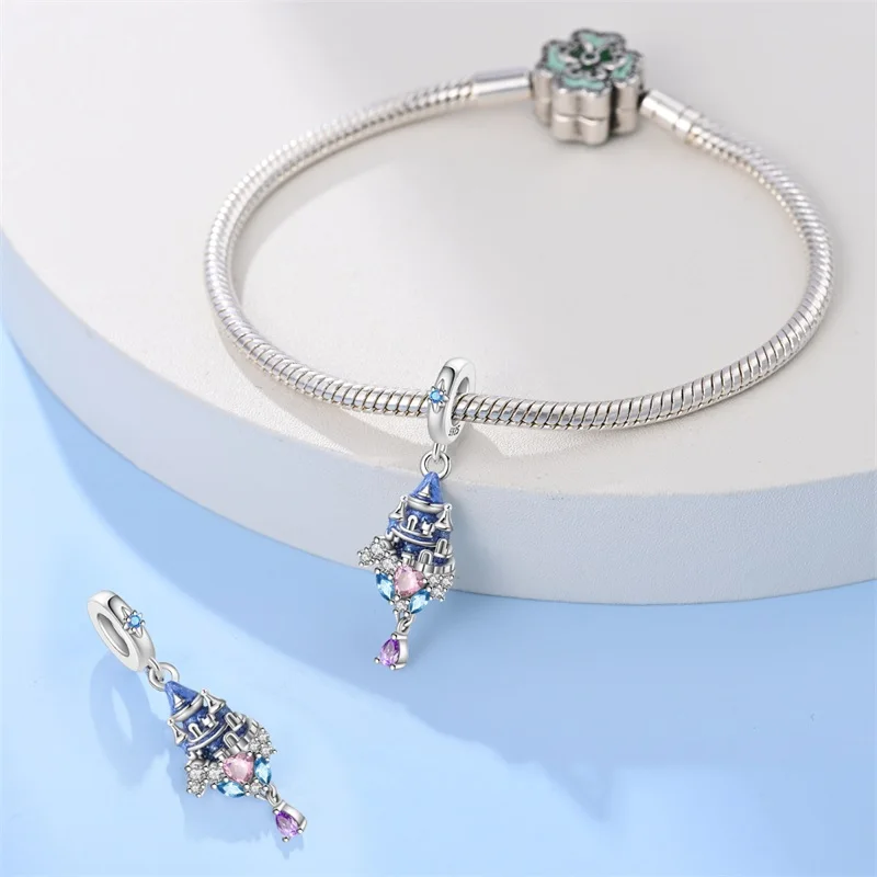 

925 Sterling Silver Crystal Castle Charms Pendant For Women Fit Original Bracelet DIY Birthday Party Jewelry Gifts