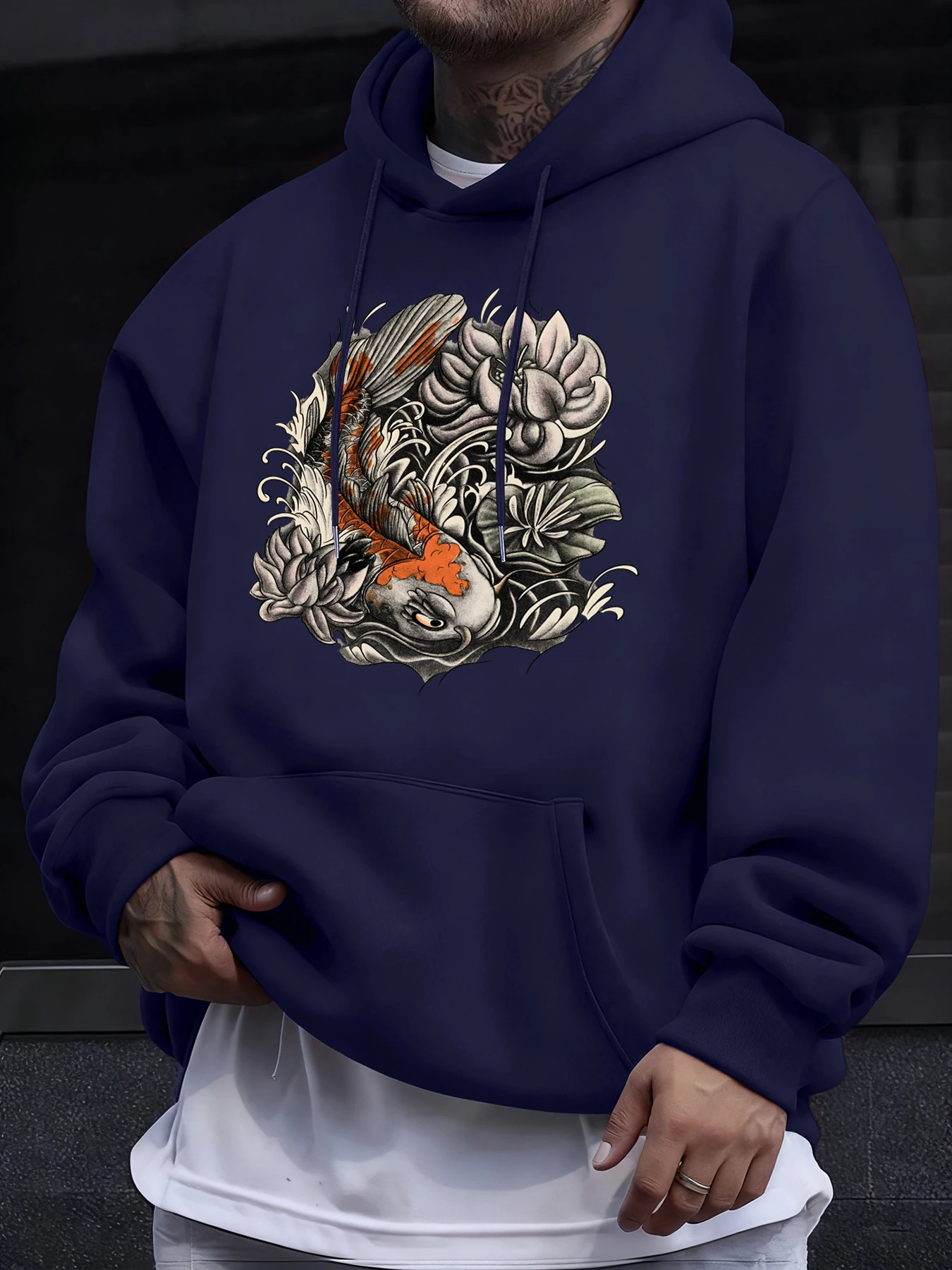 

Японские мужские весенние худи в стиле Харадзюку с узором лотоса и карпов кои, с карманами, модная уличная одежда, универсальная толстовка в стиле хип-хоп, флисовая спортивная одежда