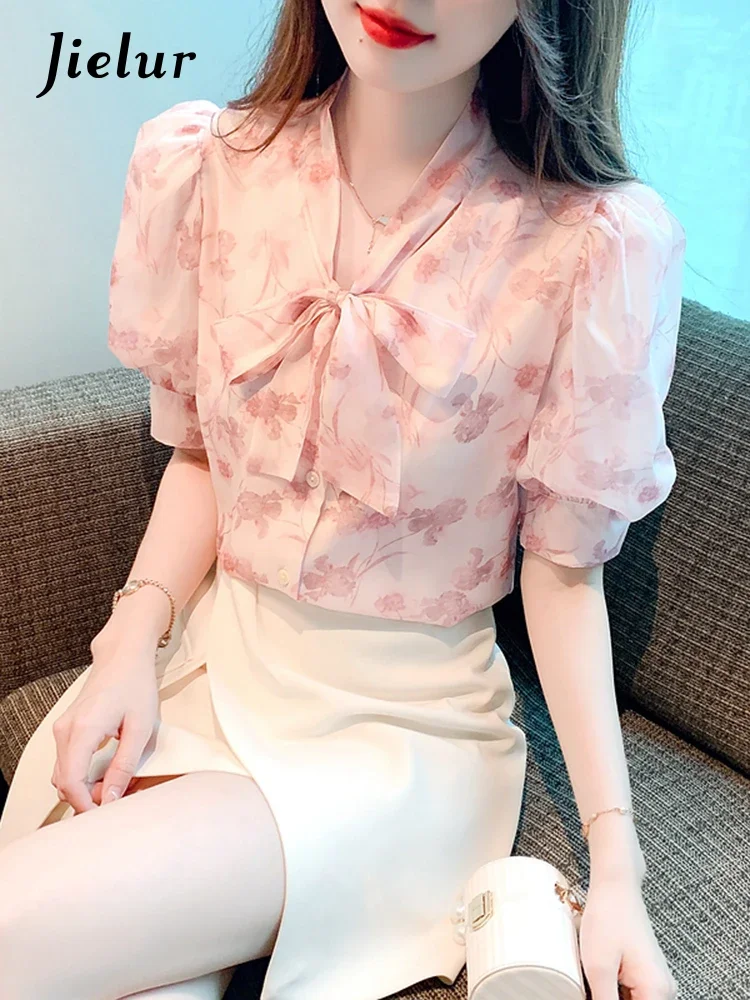 

Jielur Pink Print Lace-Up Bow Women's Shirts Summer Puff Sleeve V-Neck Straight Loose Female Shirt Fashion Elegant Office Lady