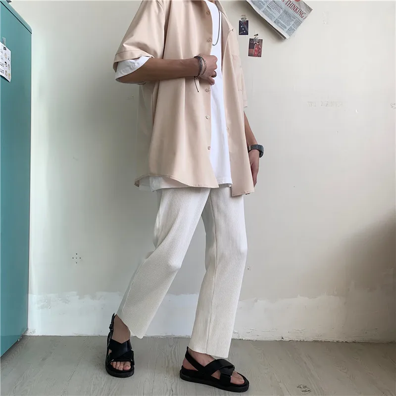 Pleated Straight Pants Men's Fashion Elastic Waist Casual Pants Men Streetwear Loose Ice Silk Trousers Mens Wide Leg Pants S-2XL