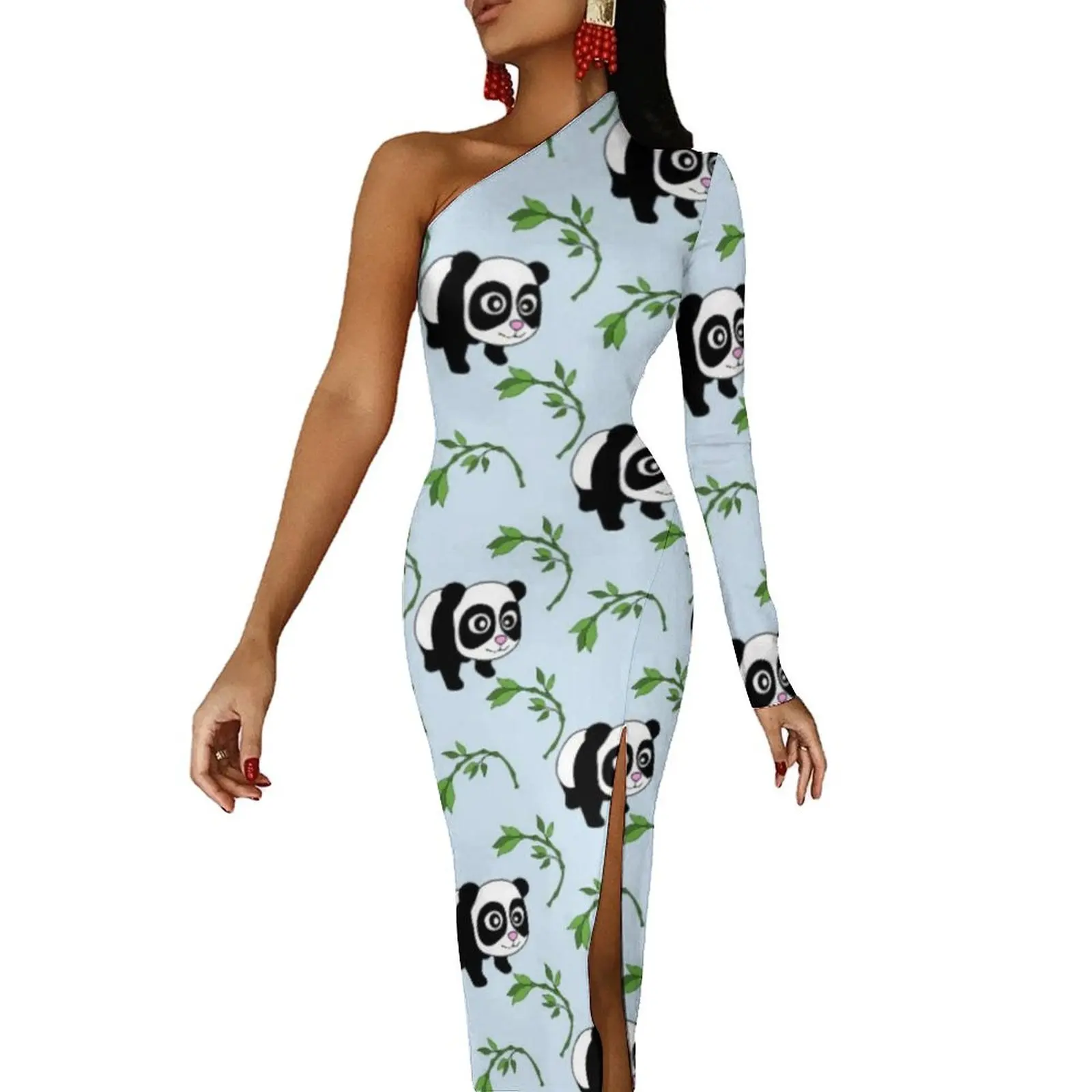

Adorable Panda Maxi Dress One Shoulder Cute Animal Print Trendy Bodycon Dress Summer Party Long Dresses Woman Graphic Vestido