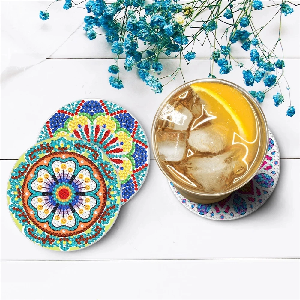 9/6pcs/set Diamond Painted Coasters With Stand DIY Mandala Rhinestone Mosaic Drink Non-Slip Coaster Insulator Craft Home Decor