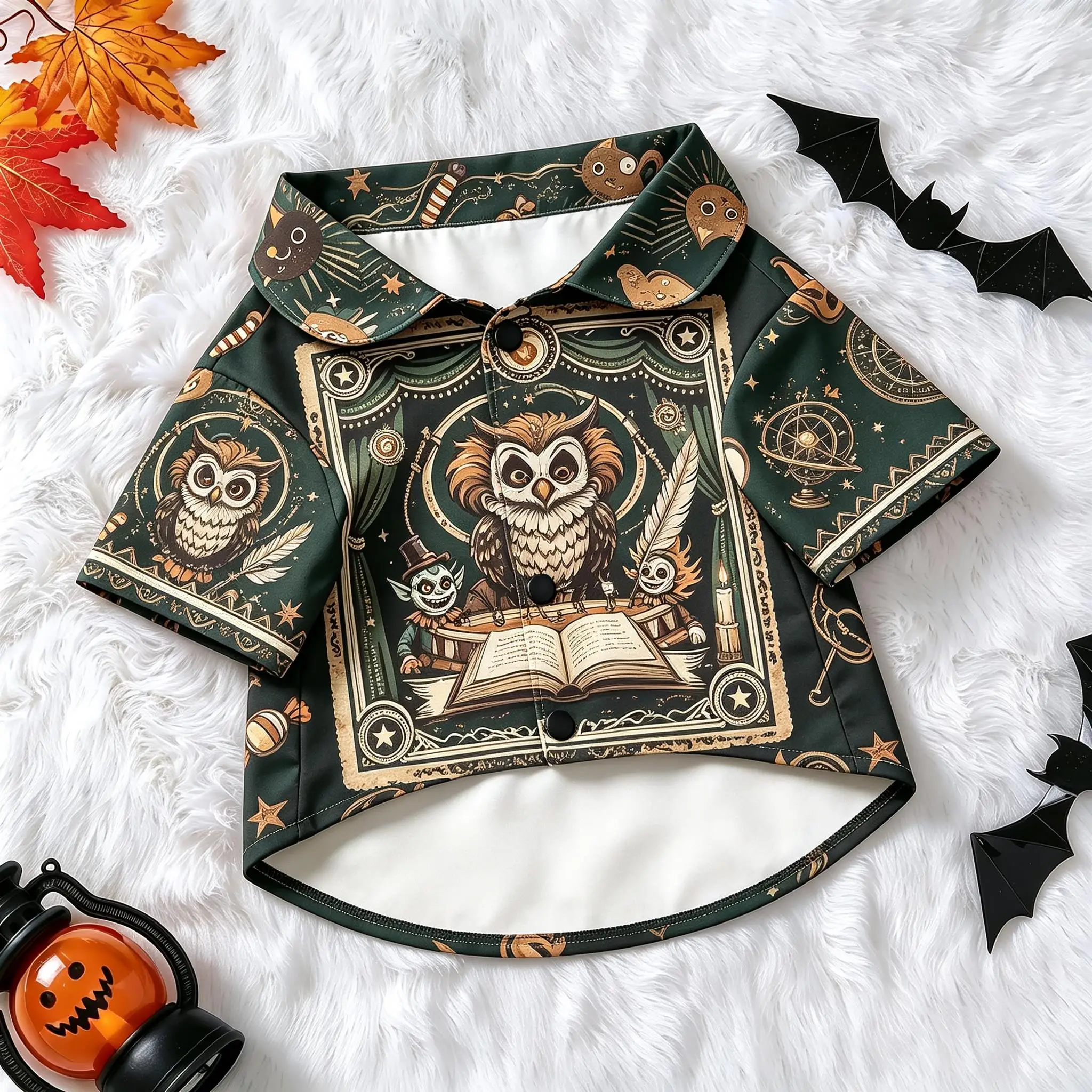 Pet Dog Shirt Vintage Magic Owl Reading Book Print Lightweight Button Up for Small Medium Dogs Wizardry Academy Daily Wear