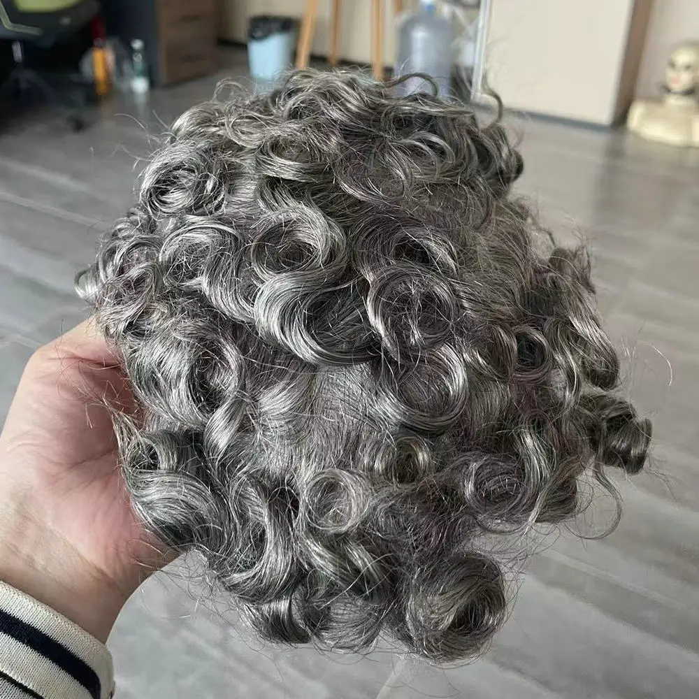 28mm Lockige Welle 80% Dichte 0,02mm Ultradünne Haut Natürlicher Haaransatz Voll-V-Schleife Herren-Toupet 1B65 Schwarz-Grau Echthaar-Prothese – Detail 2